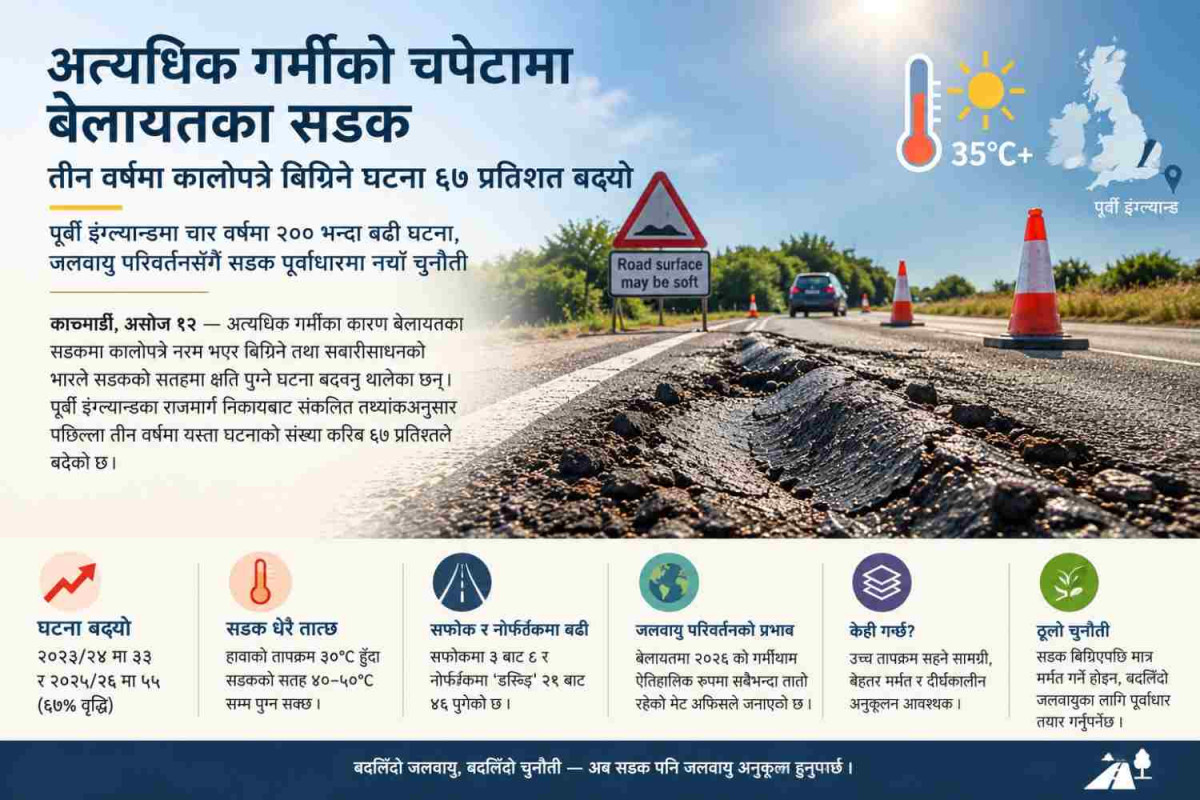 अत्यधिक गर्मीको चपेटामा बेलायतका सडक, तीन वर्षमा कालोपत्रे बिग्रिने घटना ६७ प्रतिशत बढ्यो